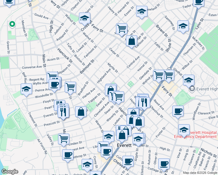 map of restaurants, bars, coffee shops, grocery stores, and more near 129 Hancock Street in Everett