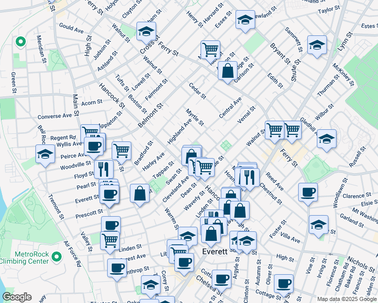 map of restaurants, bars, coffee shops, grocery stores, and more near 129 Hancock Street in Everett