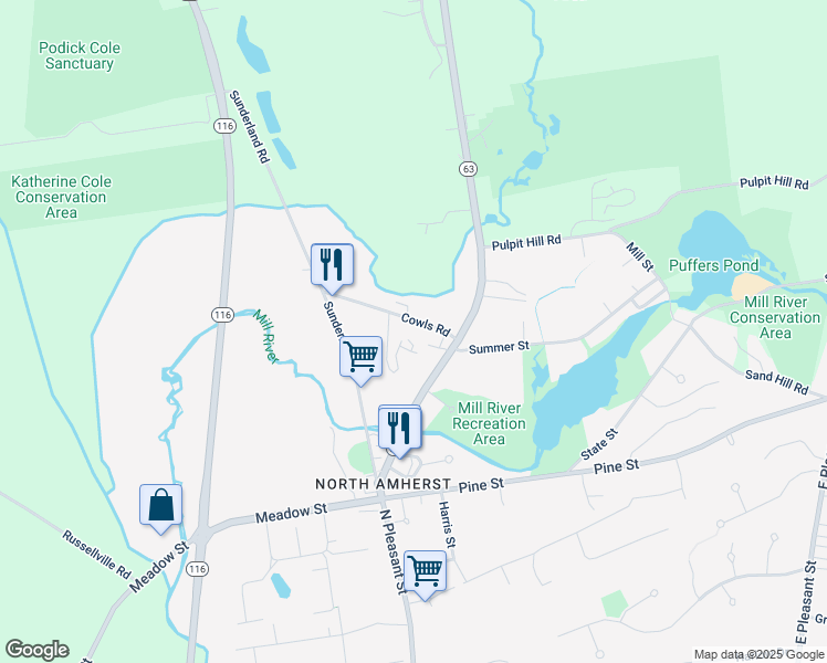 map of restaurants, bars, coffee shops, grocery stores, and more near 85 Cowls Road in Amherst