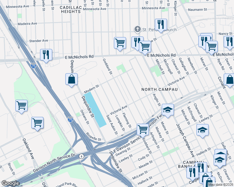 map of restaurants, bars, coffee shops, grocery stores, and more near 13858 Fleming Street in Detroit