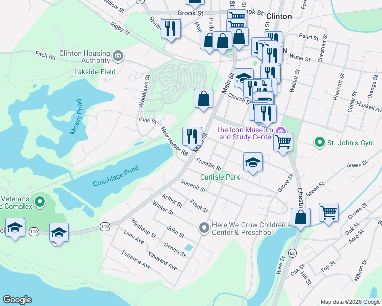 map of restaurants, bars, coffee shops, grocery stores, and more near 460 Main Street in Clinton