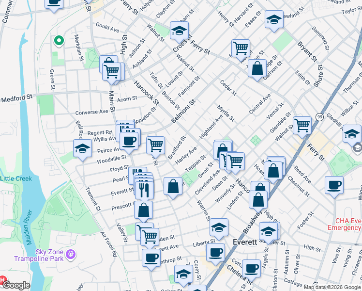 map of restaurants, bars, coffee shops, grocery stores, and more near 116 Bradford Street in Everett