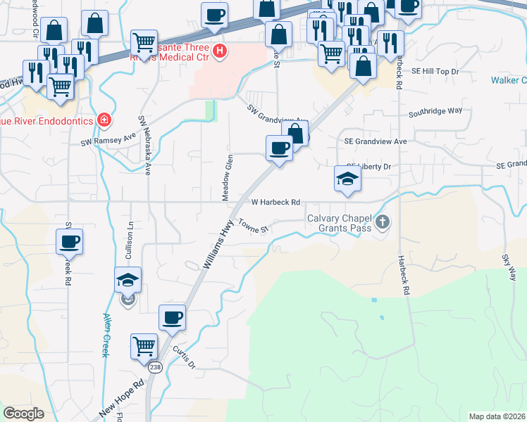 map of restaurants, bars, coffee shops, grocery stores, and more near 1969 Williams Highway in Grants Pass