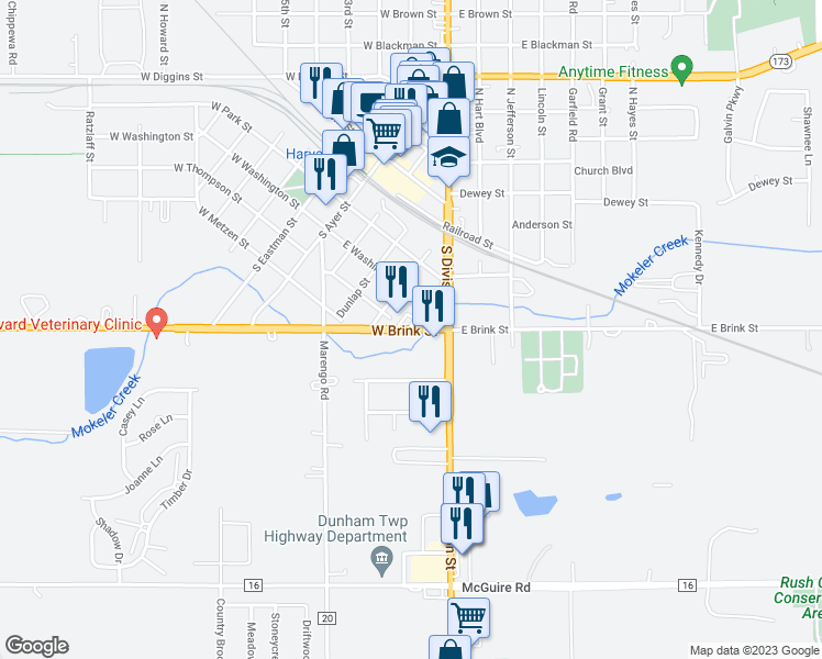 map of restaurants, bars, coffee shops, grocery stores, and more near 182 West Brink Street in Harvard
