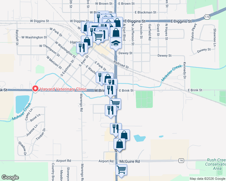 map of restaurants, bars, coffee shops, grocery stores, and more near 120 West Brink Street in Harvard