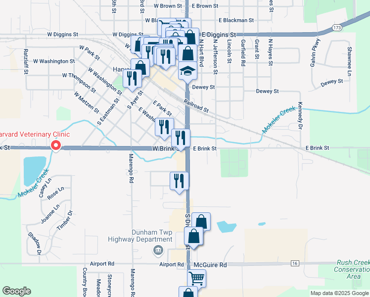 map of restaurants, bars, coffee shops, grocery stores, and more near 112 West Brink Street in Harvard