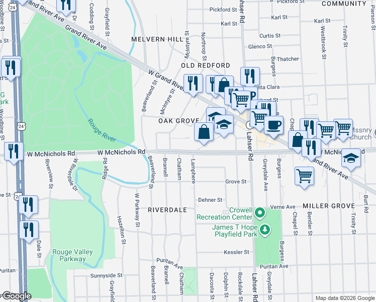 map of restaurants, bars, coffee shops, grocery stores, and more near 22438 McNichols Rd W in Detroit