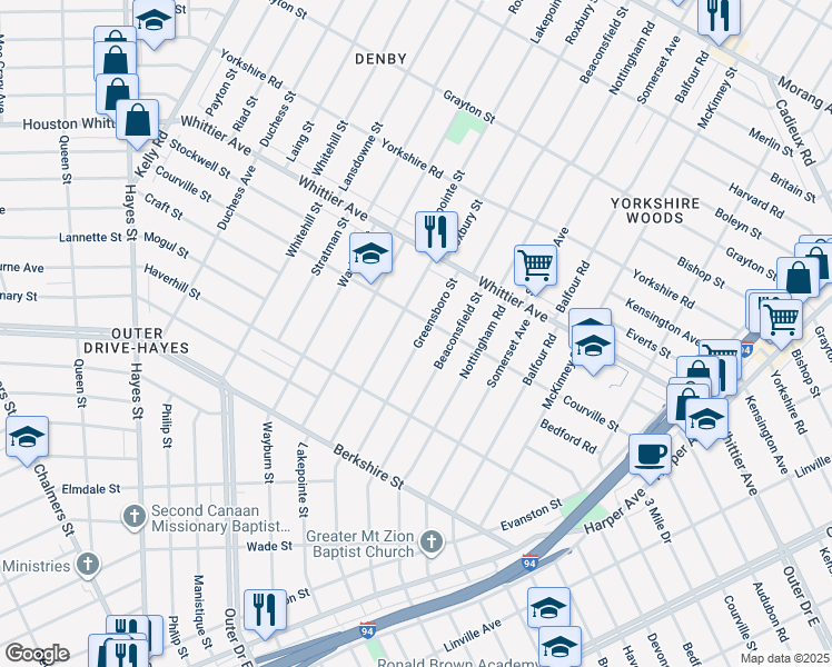 map of restaurants, bars, coffee shops, grocery stores, and more near 10345 Greensboro Street in Detroit