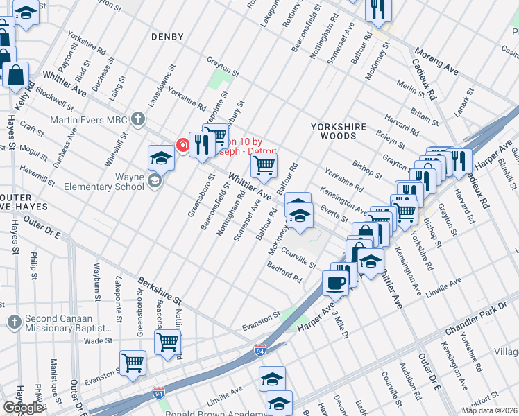 map of restaurants, bars, coffee shops, grocery stores, and more near 10172 Somerset Avenue in Detroit