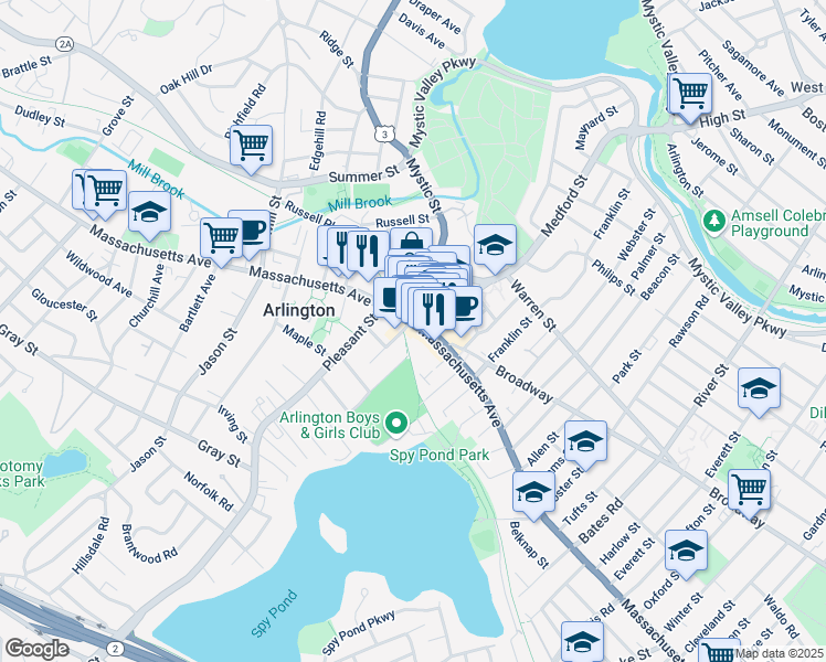 map of restaurants, bars, coffee shops, grocery stores, and more near 473 Massachusetts Avenue in Arlington