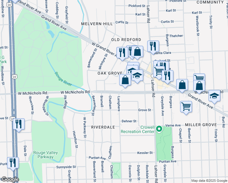 map of restaurants, bars, coffee shops, grocery stores, and more near 22458 West McNichols Road in Detroit