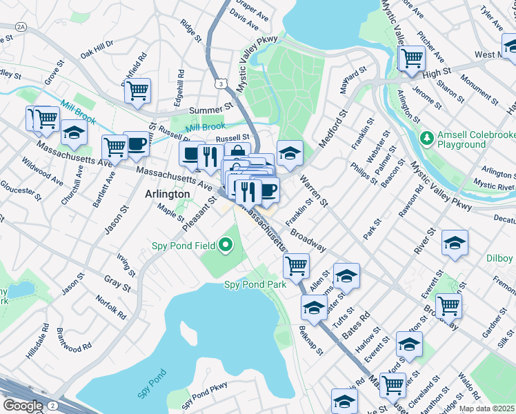 map of restaurants, bars, coffee shops, grocery stores, and more near 3 Park Terrace in Arlington