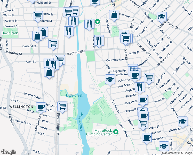 map of restaurants, bars, coffee shops, grocery stores, and more near 56 Newman Road in Malden