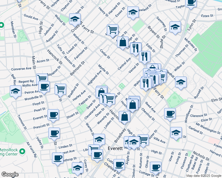 map of restaurants, bars, coffee shops, grocery stores, and more near 9 Dowse Street in Everett