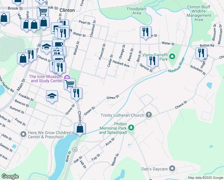 map of restaurants, bars, coffee shops, grocery stores, and more near 92 Green Street in Clinton