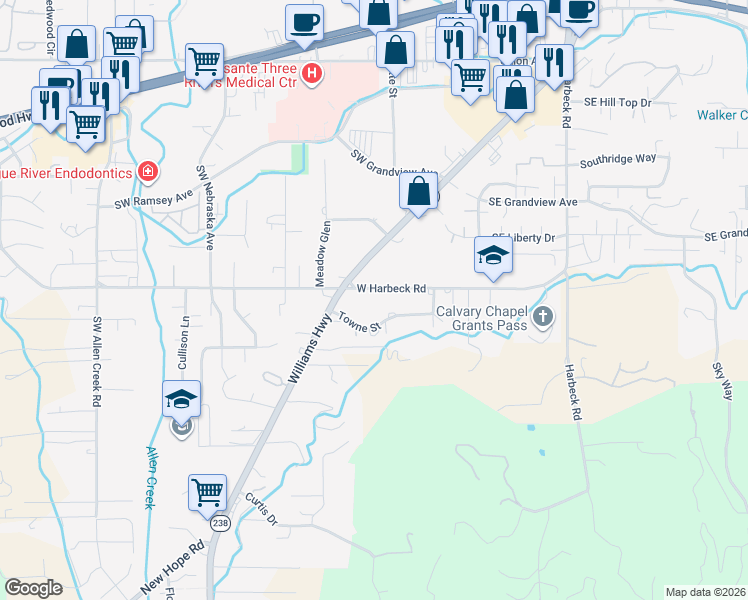map of restaurants, bars, coffee shops, grocery stores, and more near 1969 Williams Highway in Grants Pass