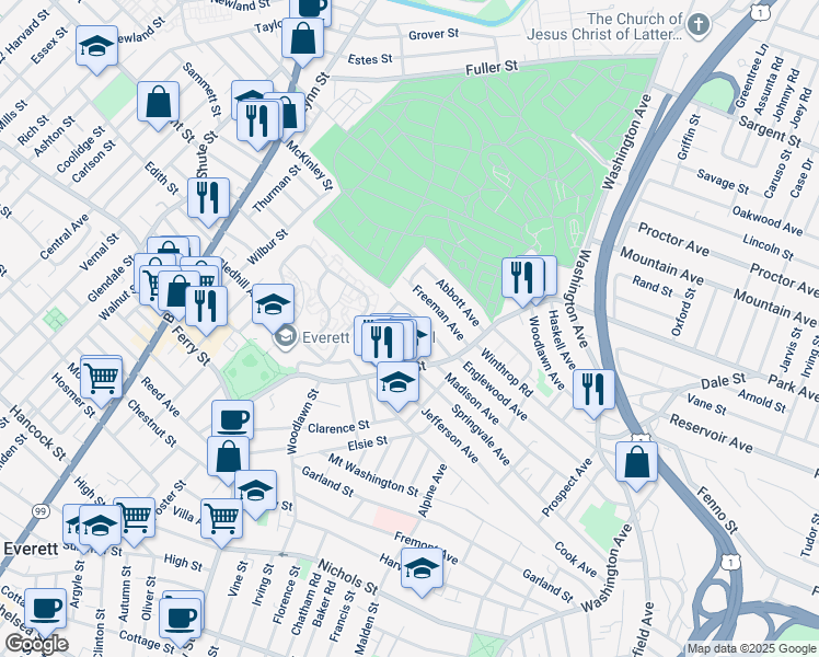 map of restaurants, bars, coffee shops, grocery stores, and more near 55 Adams Avenue in Everett