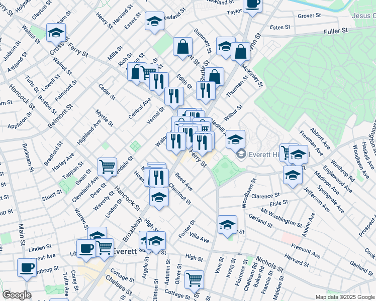 map of restaurants, bars, coffee shops, grocery stores, and more near in Everett