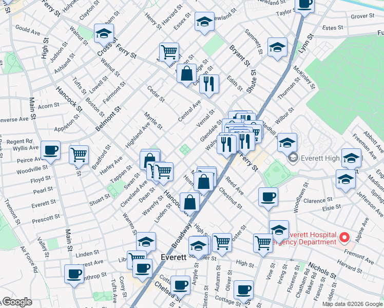 map of restaurants, bars, coffee shops, grocery stores, and more near 102 Glendale Street in Everett