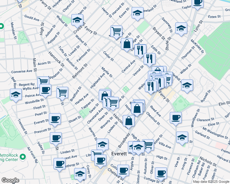 map of restaurants, bars, coffee shops, grocery stores, and more near 9 Dowse Street in Everett