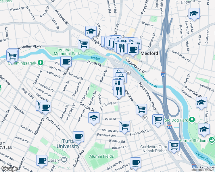 map of restaurants, bars, coffee shops, grocery stores, and more near 26 Emerson Street in Medford