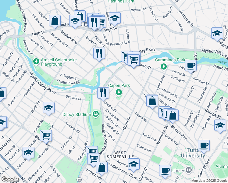 map of restaurants, bars, coffee shops, grocery stores, and more near 501 Mystic Valley Parkway in Somerville