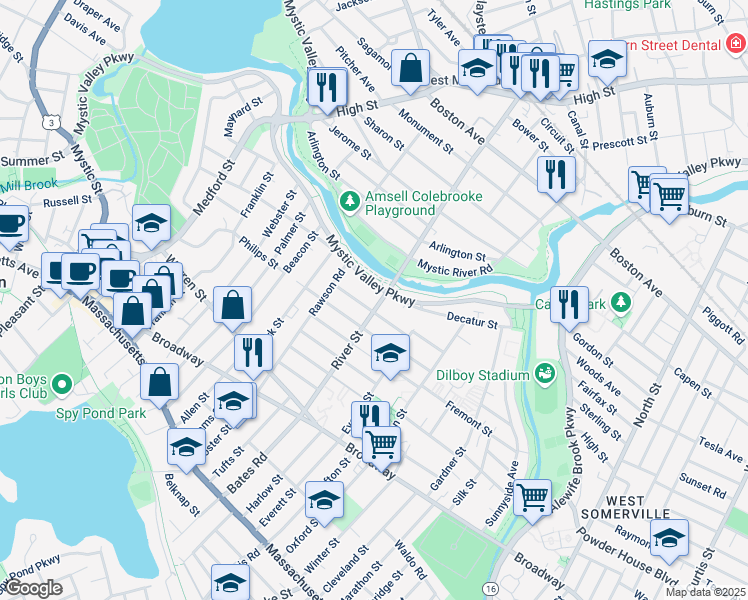 map of restaurants, bars, coffee shops, grocery stores, and more near 146 Mystic Valley Parkway in Arlington