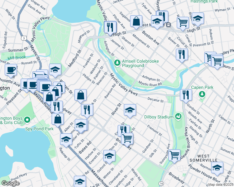 map of restaurants, bars, coffee shops, grocery stores, and more near 127-129 Rawson Road in Arlington