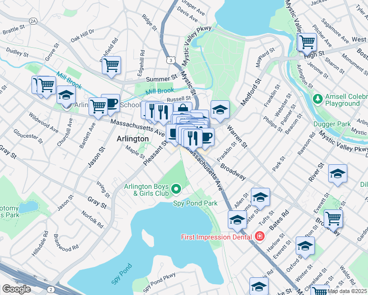 map of restaurants, bars, coffee shops, grocery stores, and more near 473 Massachusetts Avenue in Arlington