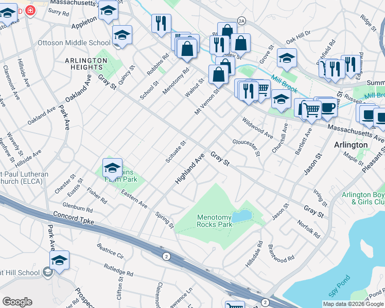 map of restaurants, bars, coffee shops, grocery stores, and more near 40 Newport Street in Arlington