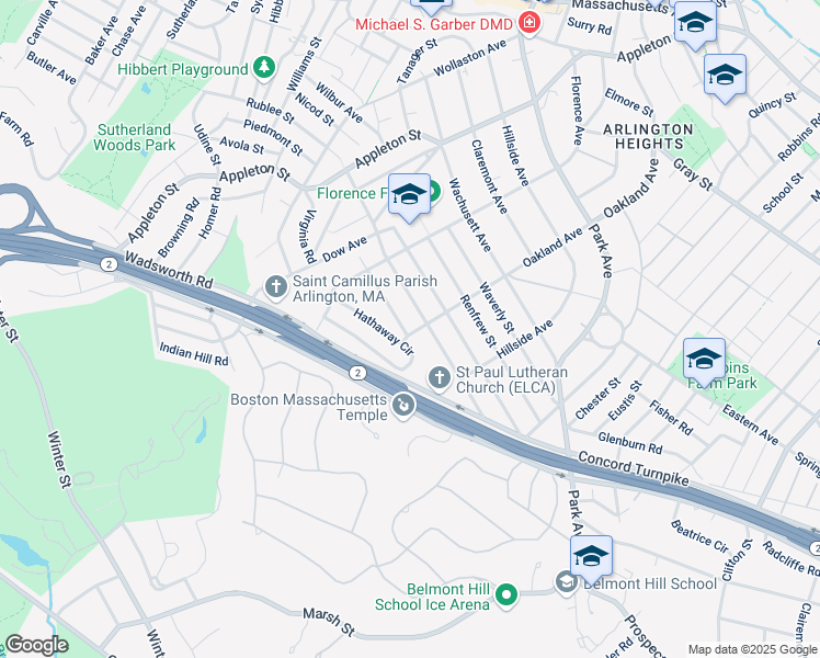 map of restaurants, bars, coffee shops, grocery stores, and more near 164 Charlton Street in Arlington