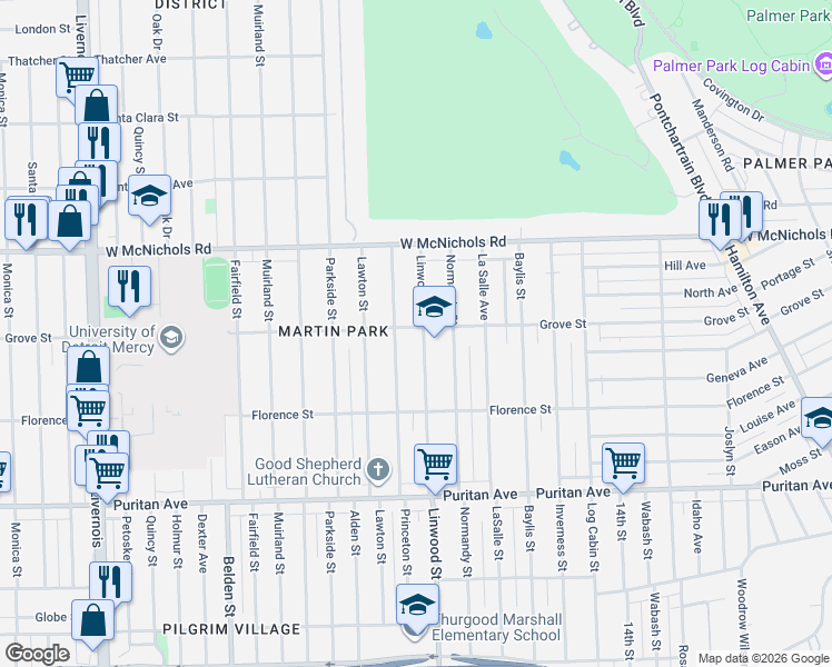 map of restaurants, bars, coffee shops, grocery stores, and more near 16835 Linwood Street in Detroit