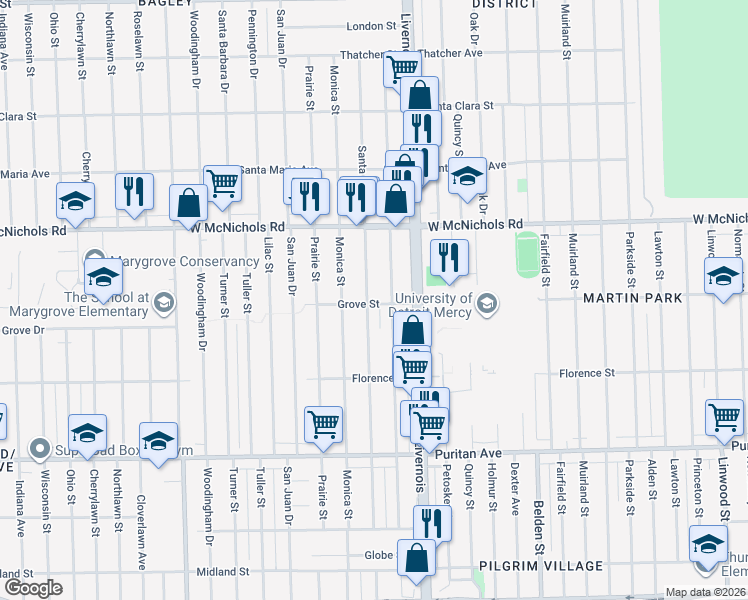 map of restaurants, bars, coffee shops, grocery stores, and more near 16859 Stoepel Street in Detroit