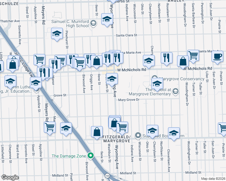map of restaurants, bars, coffee shops, grocery stores, and more near in Detroit