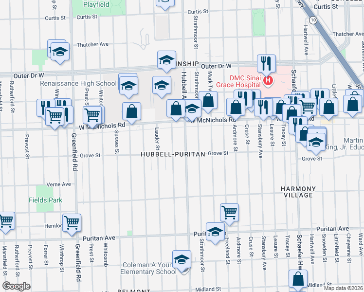 map of restaurants, bars, coffee shops, grocery stores, and more near 16893 Hubbell Avenue in Detroit