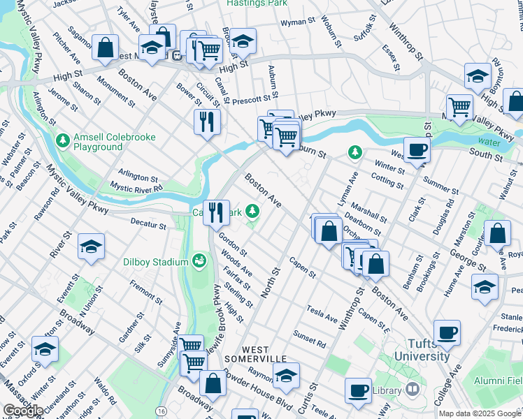 map of restaurants, bars, coffee shops, grocery stores, and more near 22 Stoughton Street in Medford