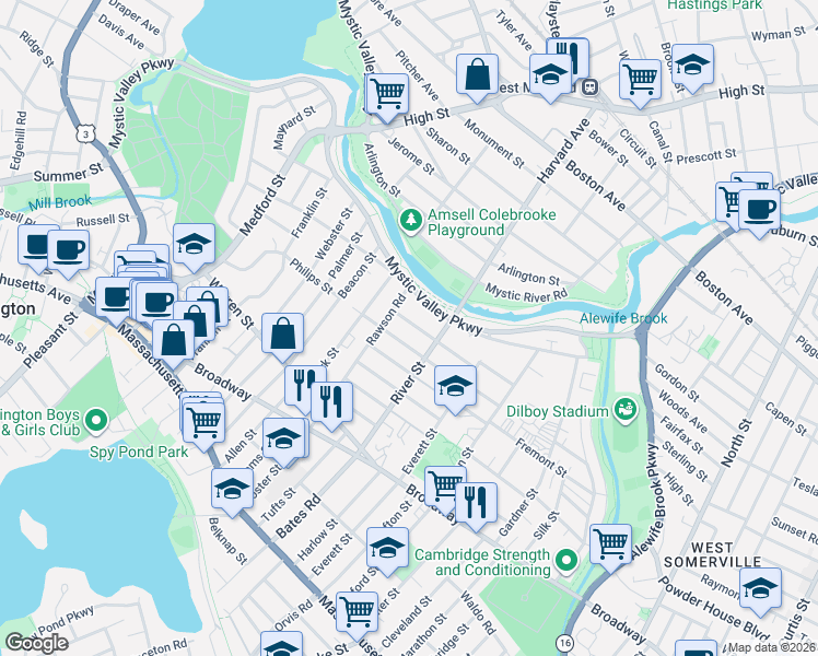 map of restaurants, bars, coffee shops, grocery stores, and more near 127-129 Rawson Road in Arlington