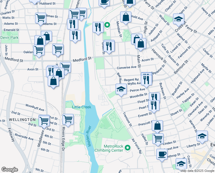 map of restaurants, bars, coffee shops, grocery stores, and more near 120 Wyllis Avenue in Everett