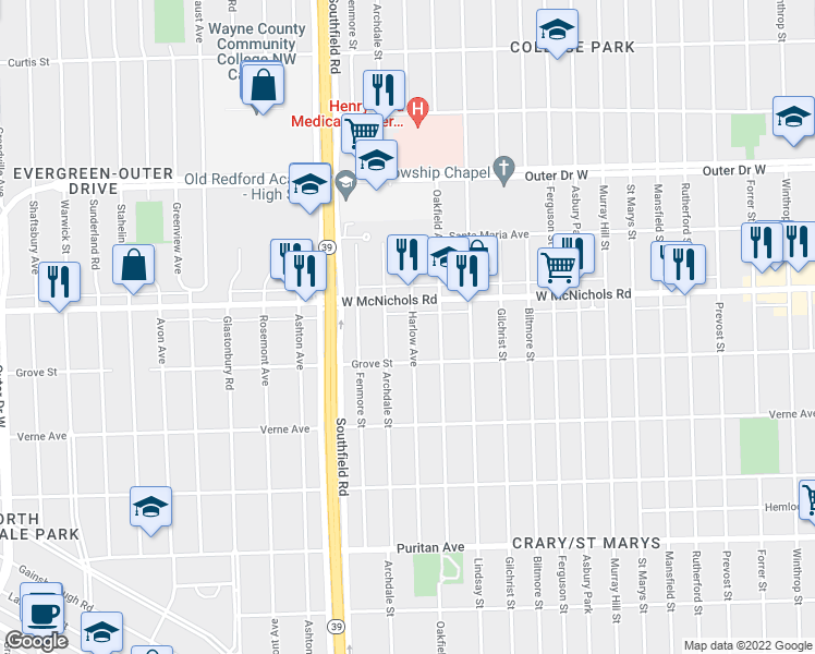 map of restaurants, bars, coffee shops, grocery stores, and more near 16867 Harlow Street in Detroit