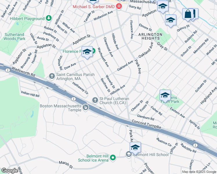 map of restaurants, bars, coffee shops, grocery stores, and more near 201 Wachusett Avenue in Arlington