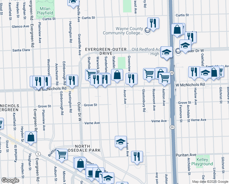 map of restaurants, bars, coffee shops, grocery stores, and more near 18932 West McNichols Road in Detroit