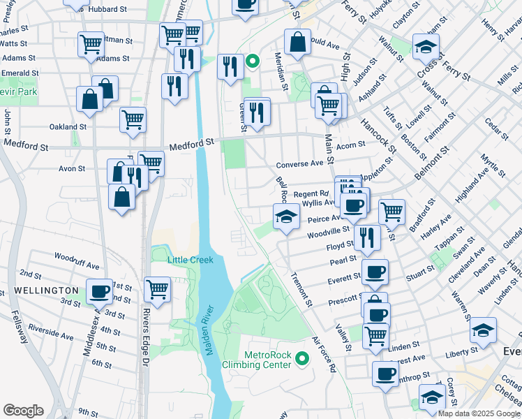 map of restaurants, bars, coffee shops, grocery stores, and more near 110 Wyllis Avenue in Everett