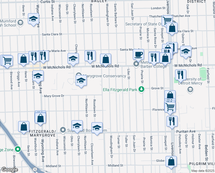 map of restaurants, bars, coffee shops, grocery stores, and more near 16685 Woodingham Drive in Detroit