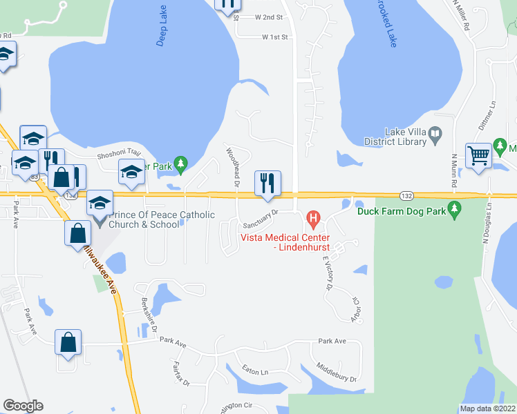 map of restaurants, bars, coffee shops, grocery stores, and more near 875 East Grand Avenue in Lake Villa
