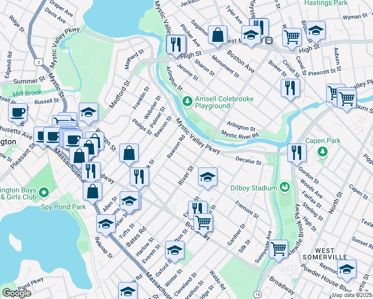 map of restaurants, bars, coffee shops, grocery stores, and more near 26 Fordham Street in Arlington