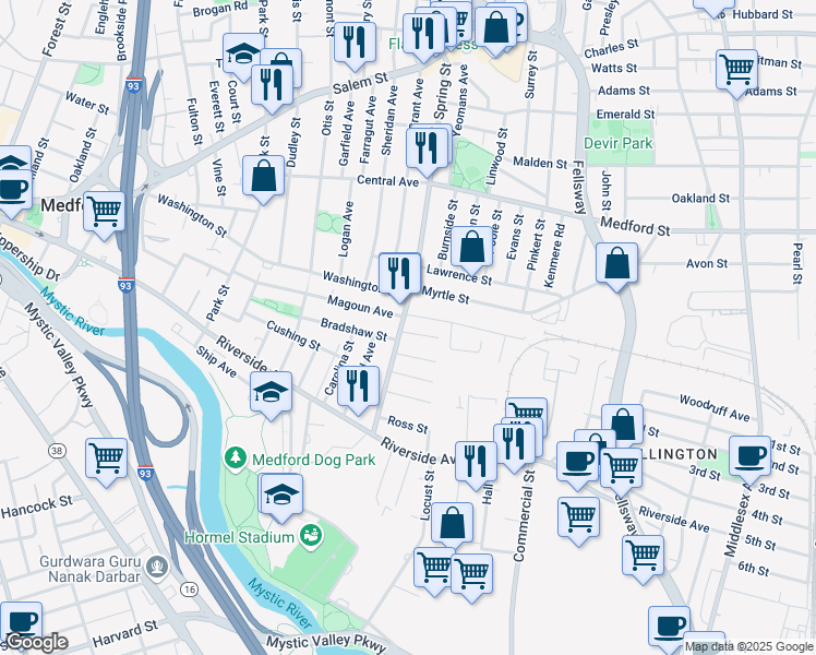 map of restaurants, bars, coffee shops, grocery stores, and more near 89 Spring Street in Medford