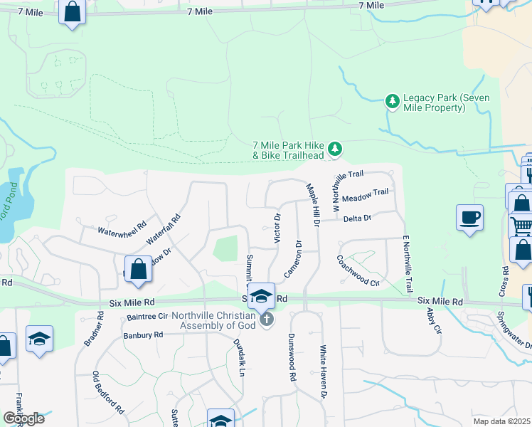 map of restaurants, bars, coffee shops, grocery stores, and more near 17892 Maple Hill Drive in Northville