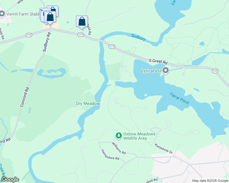 map of restaurants, bars, coffee shops, grocery stores, and more near Farrar Pond Trails in Lincoln