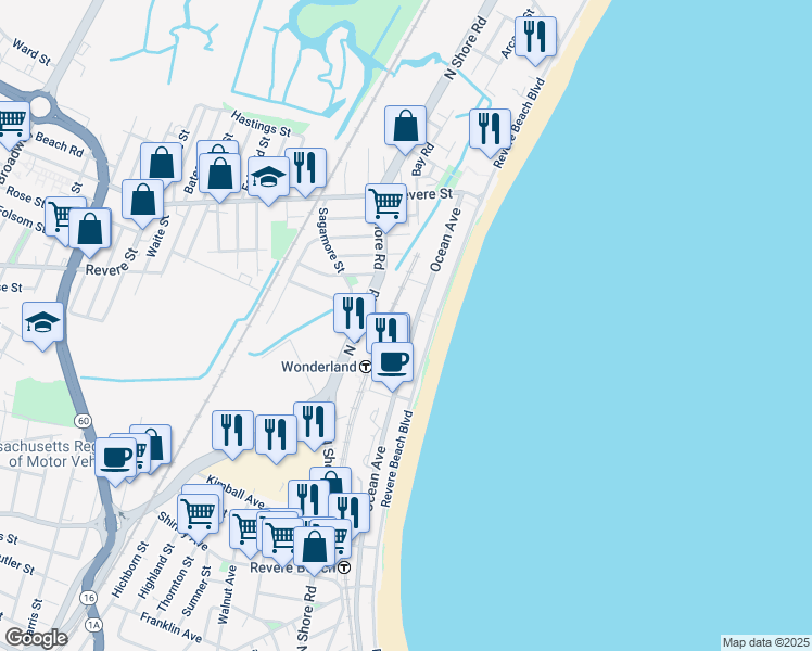 map of restaurants, bars, coffee shops, grocery stores, and more near 650 Ocean Avenue in Revere