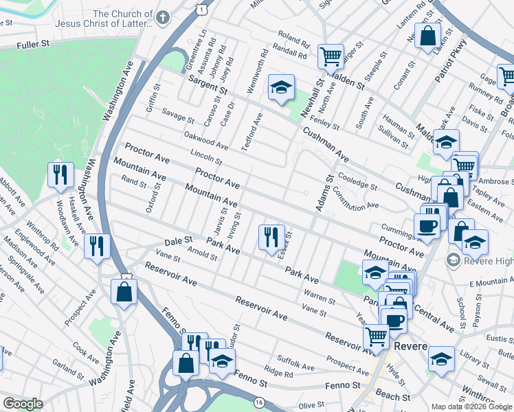 map of restaurants, bars, coffee shops, grocery stores, and more near 314 Proctor Avenue in Revere